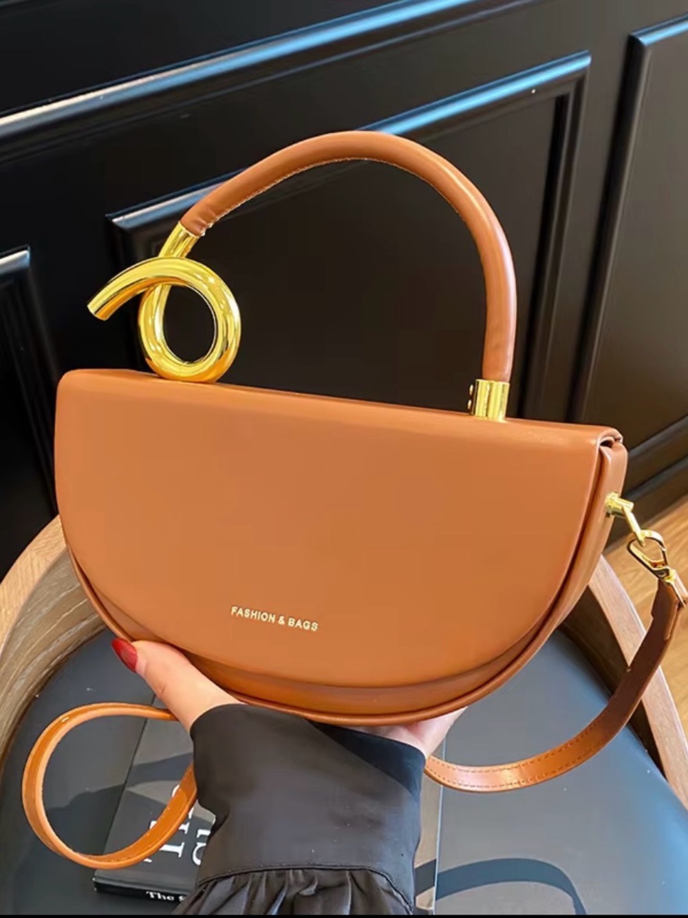 Fashion Bug Caramel Tan Half-Moon Top Handle Bag with Gold Loop